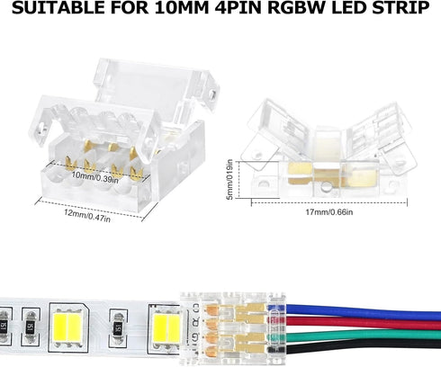 LightingWill 4Pin 10mm, 10 4 5050 RGB LED Connectors PCS Strip to Wire Connector Transparent Solderless, LED Tape Light