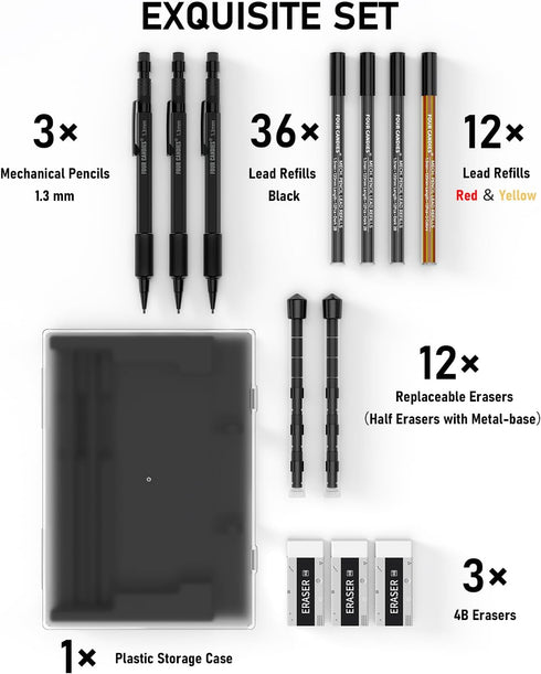 Four Candies 3PCS 1.3mm Mechanical Pencil Set with Case, Heavy Duty Carpenter Pencils with 48 Refills
