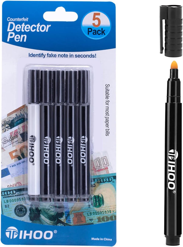 TIHOO Counterfeit Bill Detector Pens, 5 Pack - Fake Money Marker, Yellow Chisel Tip, Not Water Resistant