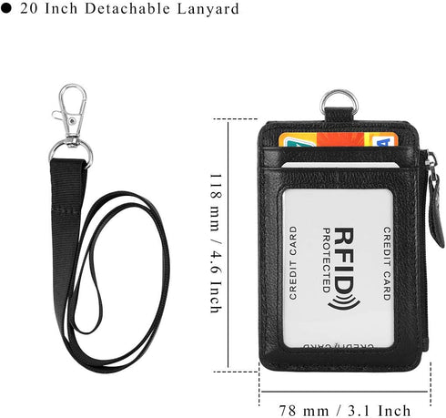 Black Genuine Leather Badge Holder with Zipper, RFID Keychain Wallet Neck Lanyards and Swivel Hook for Card/Coin/Cash