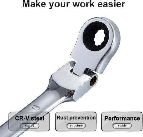 KATUR 8mm Ratcheting Wrench Set - Flexible Pivoting Head Ratchet Combination Spanner Tool