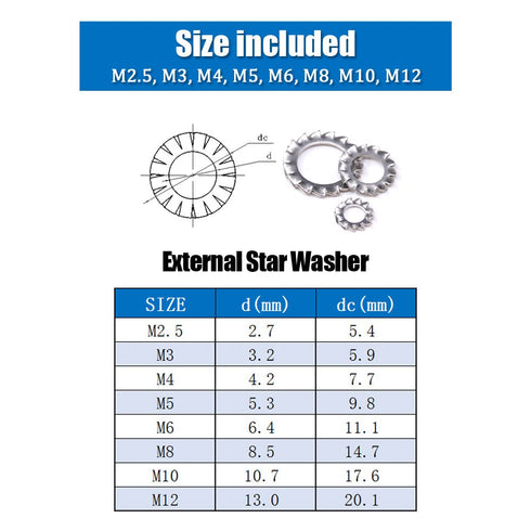 Hilitchi 300-Pcs Assortment Kit of 304 Stainless Steel External Tooth Star Lock Washers - M2.5 M3 M4 M5 M6 M8 M10 M12