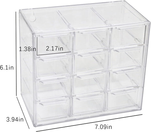 Mini Desktop Drawer Box, 12 Compartments Plastic Organizer for Office, School, Jewelry, Hair Clips, Small Parts Storage
