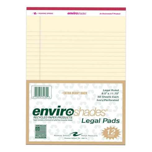 Roaring Spring Enviroshades Recycled Legal Pads, 50 Sheets, 8.5" x 11.75", Ivory, 12 Pack