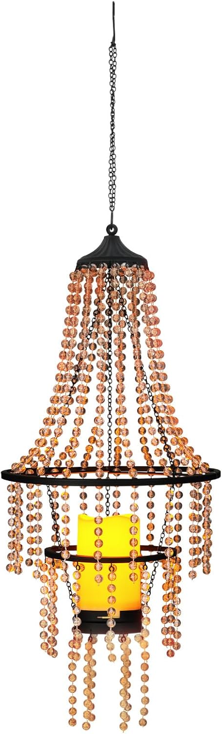 SUNNYPARK 28 Hanging Candle Lantern Outdoor, Battery Operated Modern Clear Acrylic Crystal Chandeliers with Flickering