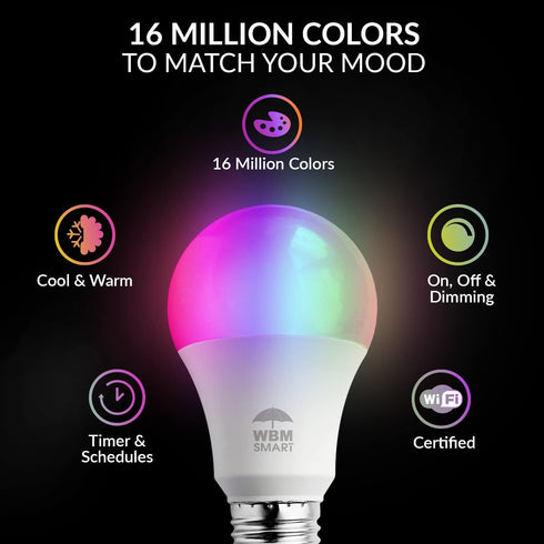LED Color Changing Lights, RGBW 2700K-6500K, 60 Watt Equivalent, Dimmable with App, A19 E26, 4 Counts, No Hub Required
