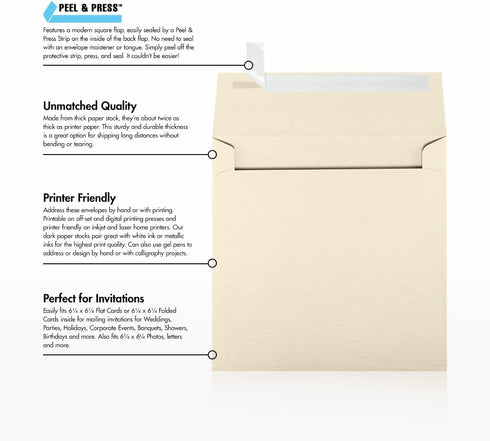LUXPaper Square Invitation Envelopes | Natural Linen | Peel & Press | 6 1/2" x 6 1/2" | 80lb. Text | 50 Qty