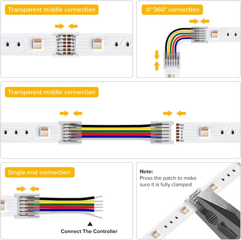 BTF-LIGHTING SMD 6 Pin 12mm 0.47in Width Transparent Connector Kit 8pcs Corner Connector 4pcs Gapless Solderless Connector 4pcs 5.9in Long 22AWG Extension Wires Support 5050 SMD RGBCCT LED Strip by BTF-LIGHTING