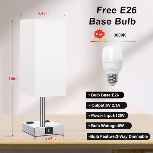 3-Way Dimmable E26 Bulb Touch Bedside Table Lamp for Nightstand - Night Lamp with USB A + Type C Charging Ports and Two