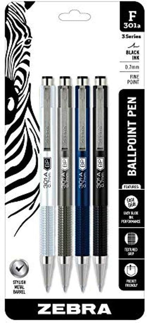 Zebra Pen F-301A Retractable Ballpoint Pen, Premium Metal Barrel in Assorted Colors, Fine Point, 0.7mm, Black Ink,