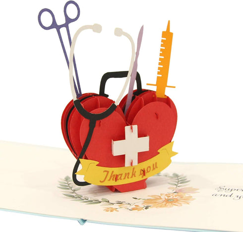 CUTE POPUP Medical Thank You Card with Superhero Heart Design, Premium Handmade Gift for Nurse, Doctor, Healthcare