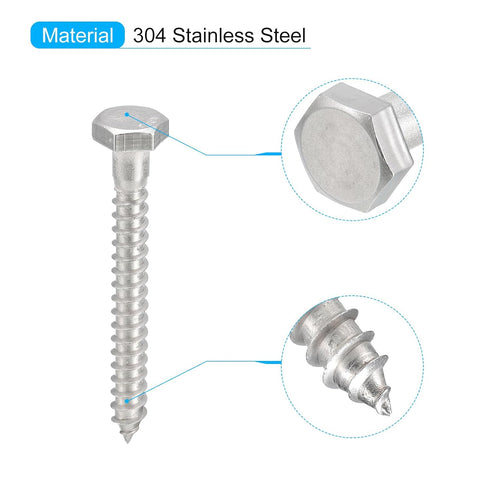 uxcell Hex Head Lag Screws Bolts, 30pcs 1/4" x 2" 304 Stainless Steel Partial Thread Wood Screws