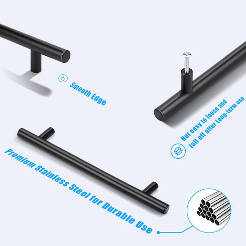 KNOBWELL 5 Pack 6-3/10 Inch Matte Black Kitchen Cabinet Handles, Round T Bar Pulls