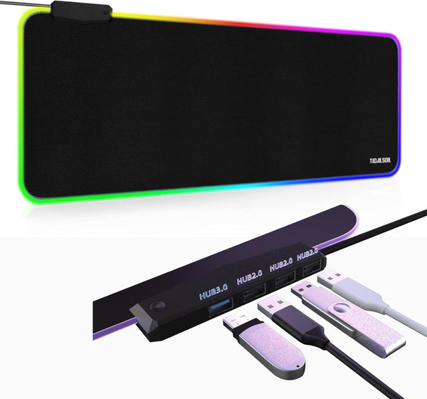 RGB Large Gaming Mouse Pad with 4-Port USB Hub and 13 Lighting Modes, Oversize Anti-Slip Rubber Base (Black)