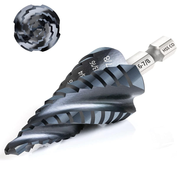 M35 Cobalt Step Drill Bit, Four Spiral Flute Unibit (3/16"-7/8"), Wear-Resistant TiAlN Coated, 1/4" Hex Shank
