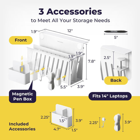 Volcora Desk Side Storage, Under Desk Laptop Holder, No Drill Desk Organizer with Magnetic Pen Box, 2 Tier White