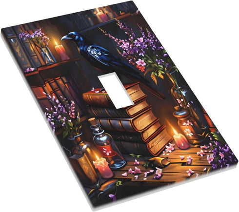 haigof 1 3 5 Inch Gothic Bookshelf Crow Light Switch Cover Wall Plate Gang Single Plates Print Faceplate Home Decor X