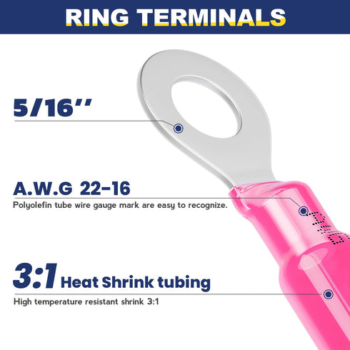 haisstronica 200PCS Heat Shrink Ring Terminals 5/16" Marine Grade Wire Connectors, Red AWG 22-16 Gauge