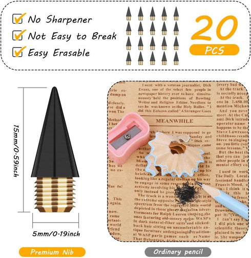 AUAUY 20PCS Inkless Pencil Replaceable Refill, Infinite Pencil Replaceable Graphite Nib, Graphite Nib Metal Inkless, Everlasting Pencils Replacement Head for Writing Drawing Office School Supplies by AUAUY