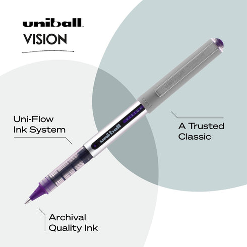 Vision Rollerball Pens Pack of 12, Violet Fine Point Pens with 0.7mm Medium Black Ink, Smooth Writing Bulk Office