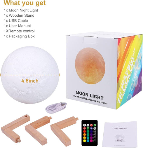 16 Gifts(4.8 inch) GDPETS Moon Lamp, Colors Moon Night Light with Stand & Remote &Touch Control and USB Rechargeable