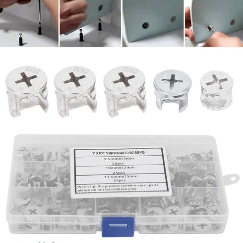 75pcs Cam Lock Fittings Cam Nut Set, 3-in-1 Connector Fastener for Furniture, Screws