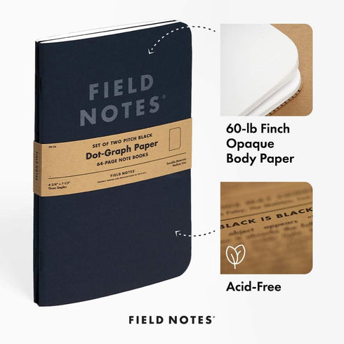 Field Notes 2-Pack Pitch Black Notebooks, 4.75" X 7.5", Dot-graph, 64 Pages, Thin Pocket Sized EDC Notebook, 90 GSM