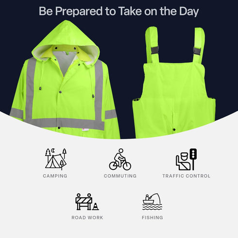 GGS Three-Piece Rain Suit - High Visibility, Waterproof Bibs and Jacket with Detachable Hood, Lightweight Rainwear