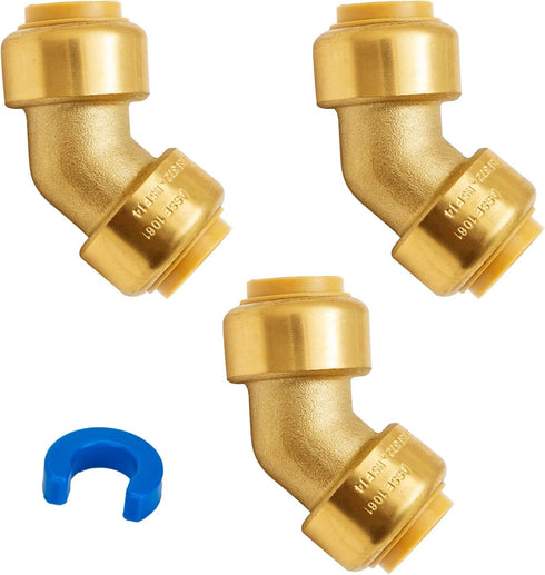 SUNGATOR 1/2 Inch 45 Degree Elbow, No Lead Brass Plumbing Fittings, Push to Connect PEX, Copper, CPVC, PE-RT, Pack of 3