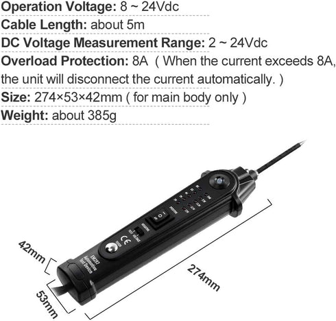 2-24V 5m allsun Automotive Electrical Tester with Voltage Display, Digital Circuit Test Tool, Power Short Finder Probe