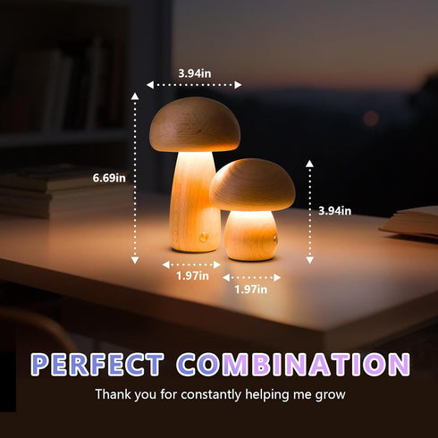 Gifts(2 Packs) Mushroom-Night-Lights Rechargeable, Cordless Wooden Mushroom Table Lamps, Portable Desk Lamps