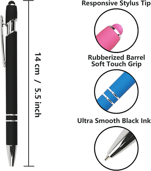 Ballpoint Pen with Stylus Tip, Soft Touch Click Metal Pen, 1.0mm Medium Point, Black Ink, 12 Count