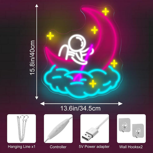 15.7513.6, Astronaut Neon Sign for Kids Room LED Space Neon Light with Moon and Cloud Cute Galaxy Theme Night Light