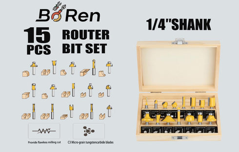 BoooRen Tool 15Pieces Set 1/4 Inch Boren Router Bits Shank Woodwork Toolsfor Doors for Beginners Woodwork