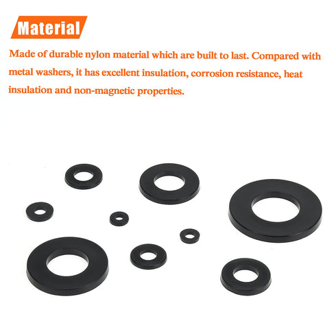 800 Pieces Black Nylon Flat Washers Assortment Kit - 9 Sizes M2 M2.5 M3 M4 M5 M6 M8 M10 M12 (Not Rubber Washer)