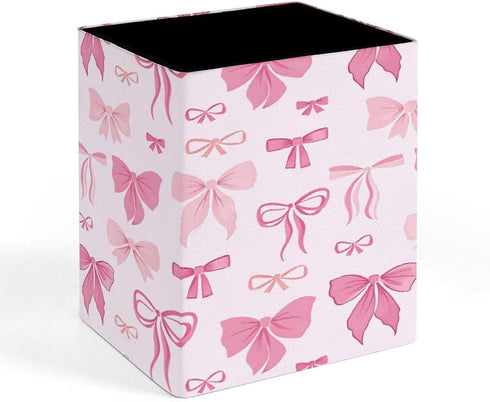 DOHTDGT 4.3" Pink Bow Tie PU Leather Pen Holder for Desk, Pencil Cup Makeup Brush Holder, Desk Organizer for Office