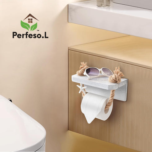 Farmhouse Toilet Paper Holder - Beach Toilet Paper Roll Holder Nautical Rope Starfish Towel Rack with White Shelf, Wall