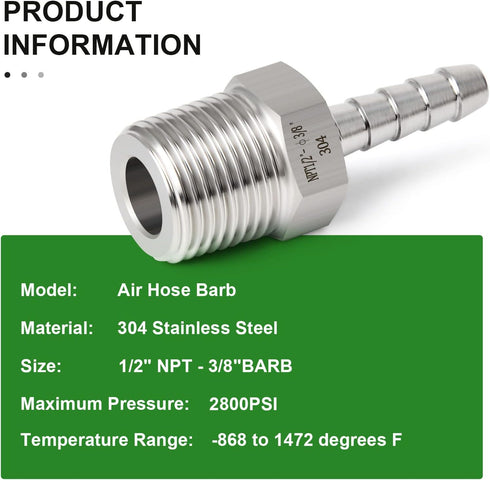 TAISHER 5PCS Forging 304 Stainless Steel Air Hose Fittings, Hose Barb Fittings 3/8" Barb x 1/2" MNPT Pipe Adapter