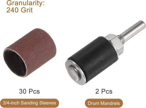uxcell 30 Pcs 3/4 Inch Sanding Sleeves Sandpaper Set 240 Grit with 2 Pcs Drum Mandrels for Rotary Tools