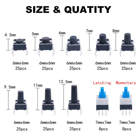 TWTADE 202PCS Micro Momentary Tactile Push Button Switch Assortment Kit 10 Values 4 Pins