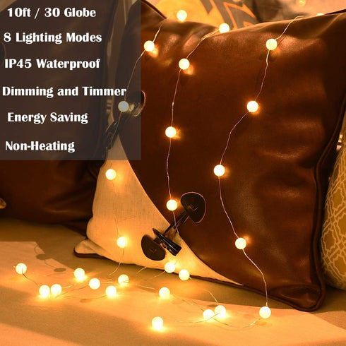 Grandhome 10ft 30 8 Globe String Lights, Crystal Ball Led String Lights Warm White, LED Fairy Lights Battery Operated
