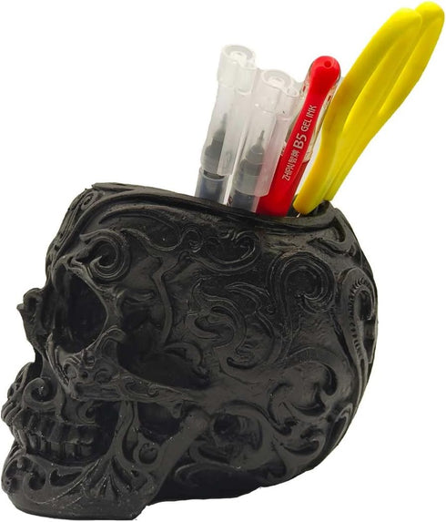 CUZOKOLA Goth Accessories - Black Skull Decor Pen Holder with Strong Resin for Vanity, Office Organizer, Skull Planter
