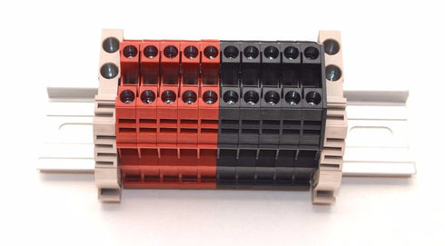 Dinkle Assembly DK4N Red/Black 10 Gang DIN Rail Terminal Blocks - 10-22 AWG, 30 Amp, 600 Volt