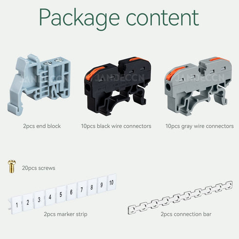 DIN Rail Terminal Blocks Kit, 20pcs Universal Compact Wire Connectors with 2 Connection Bars and 20 Screws for 24-12 AWG
