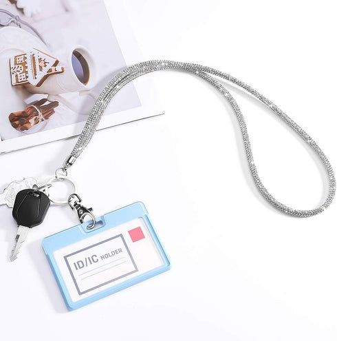 Soleebee Rhinestone Office Lanyard, 31.5'' Bling Neck Lanyard with Metal Clasp & Keyring, Silver