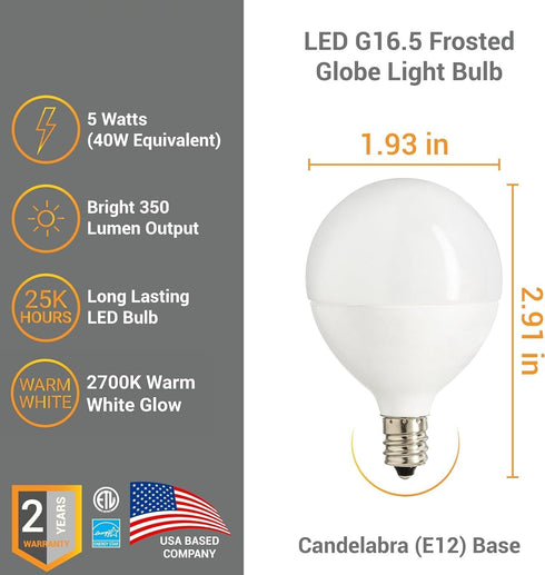 G16.5 Bulb Dimmable 5W (40W 350 E12 2700K Pack 3 Diodesy- LED Light Frosted Globe Shape Equivalent) Lumen Candelabra
