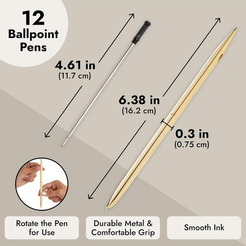 Juvale Gold Ballpoint Pens, Pack of 12, 1 mm Medium Point, Black Ink, Metal Twist-Action Design for Wedding Guest Book