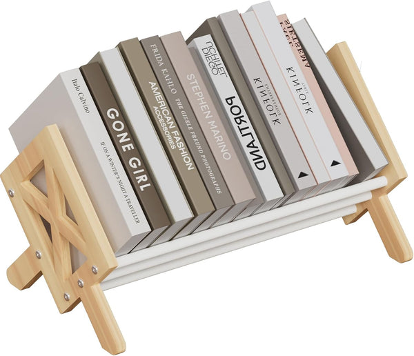 Wood Desktop Bookshelf Organizer - Tilting Bookcase for Books/CDs/Magazine Display, Office Tabletop Storage Rack (White)