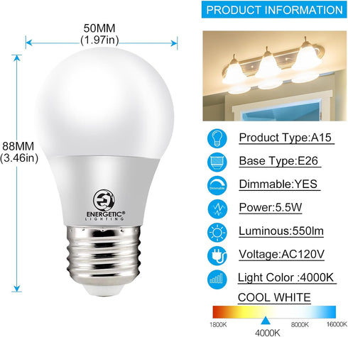 Energetic Lighting LED Refrigerator Bulb 40 Watt Equivalent, 4000K Cool White, Dimmable A15 Ceiling Fan Light Bulbs, E26 Base, UL Listed, 6 Pack by Energetic Lighting