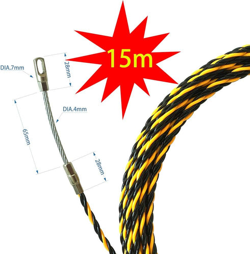 49FT Fish Tape Wire Fishing Tools, 6.0mm Diameter 3 Wires Twisted with Guide Spring, Black and Yellow 15m